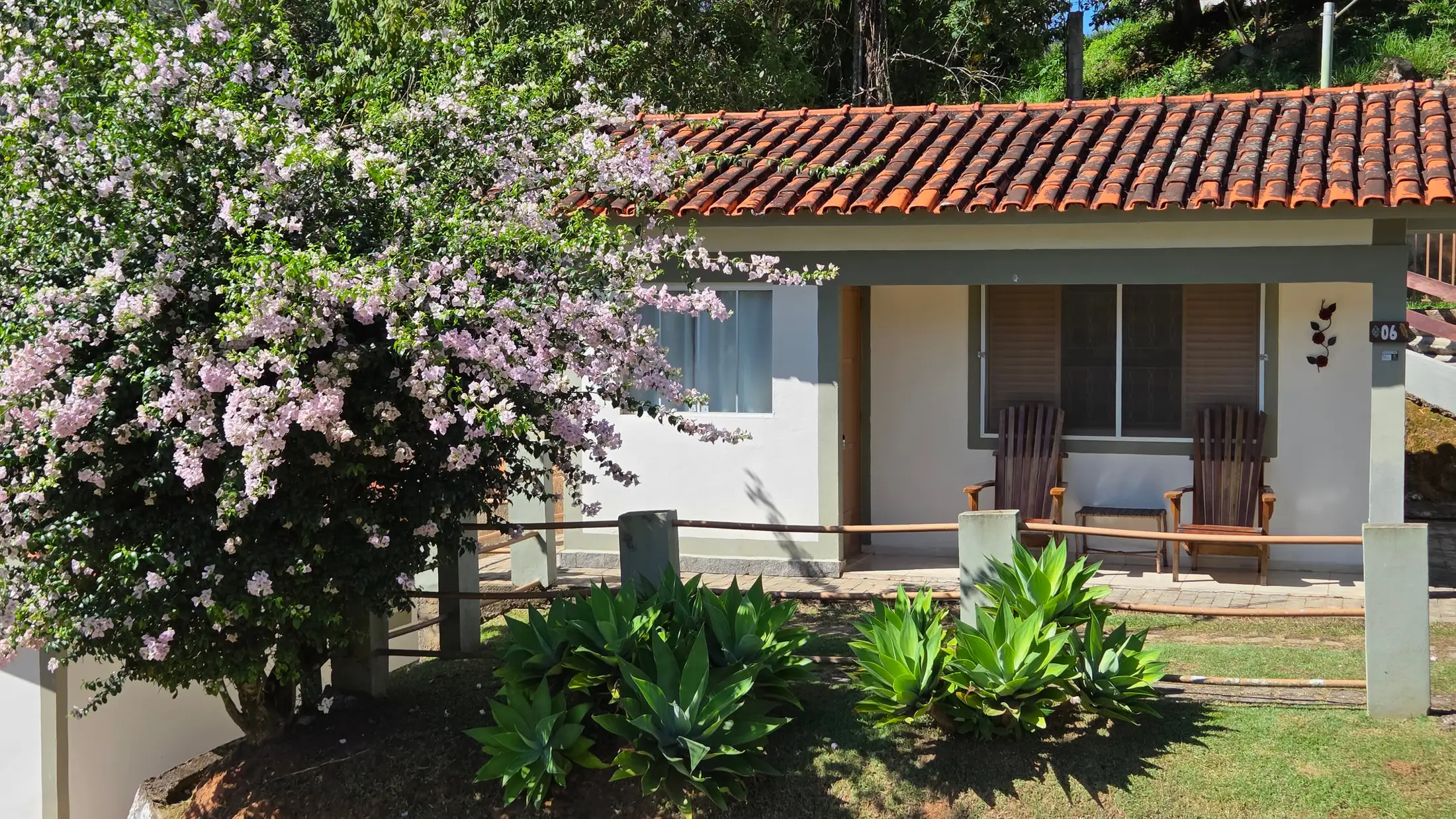 Chalé Master com varanda e duas cadeiras, ao lado de uma árvore em flor